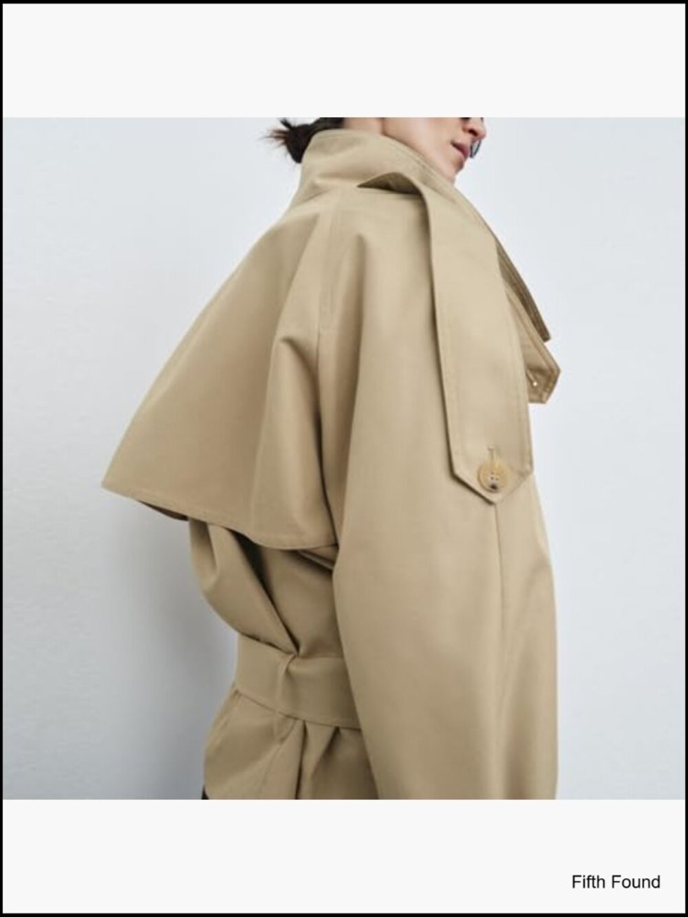 Cropped Double Breasted Trench Coat with Belt, Funnel Neck, Short Jacket - Picture 4 of 7